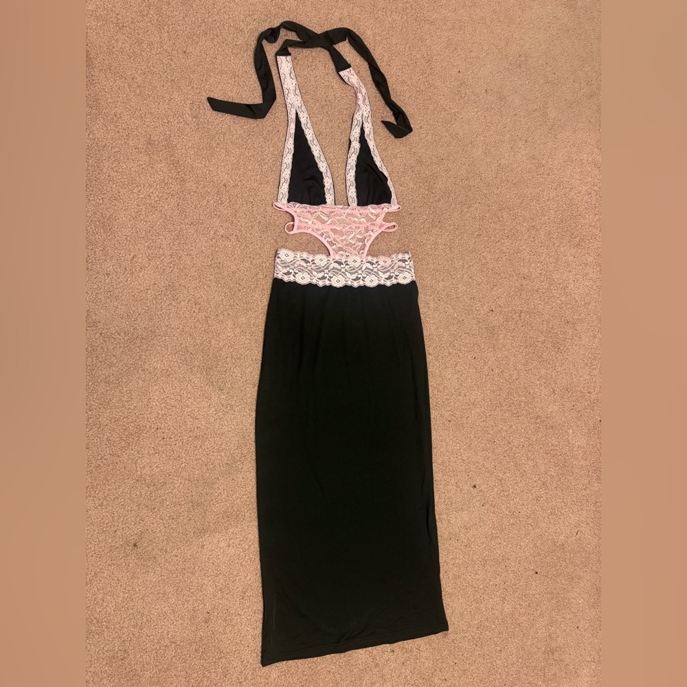New large black pink lace halter dress Lolita goth gothic stretchy cut out